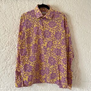 Richard James Savile Row Button Down Dress Shirt Purple Yellow Floral Mens Large